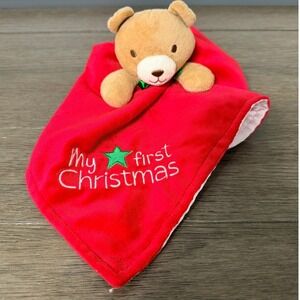 Little Me My First Christmas Teddy Bear Plush Security Blanket Red Satin